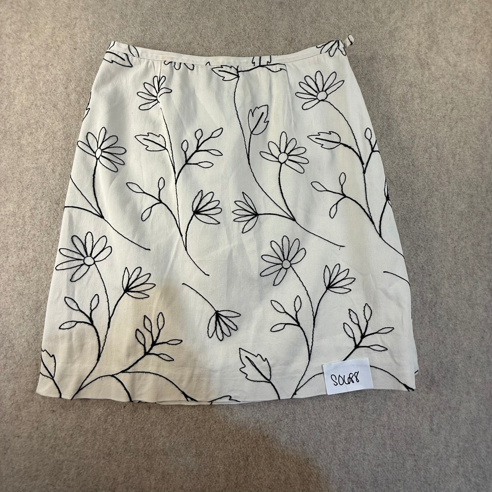 Harold's Womens 8 Off White Black Floral Embroidered A-Line Cotton Skirt Lined